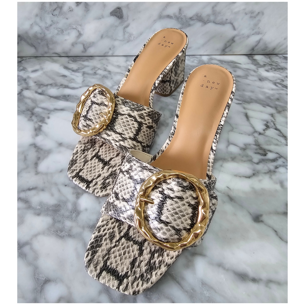 a new day Snake-Print Slide Mules with Gold Buckles - Black & Cream